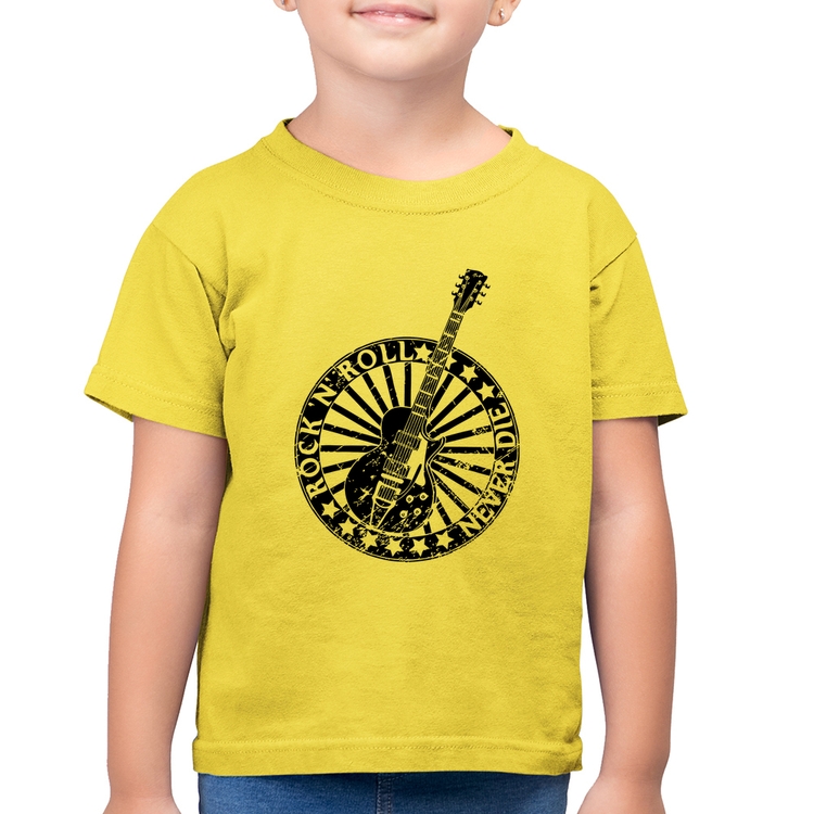 Camiseta Algodão Infantil Rock n Roll Never Die Guitarra - Amarelo Canário