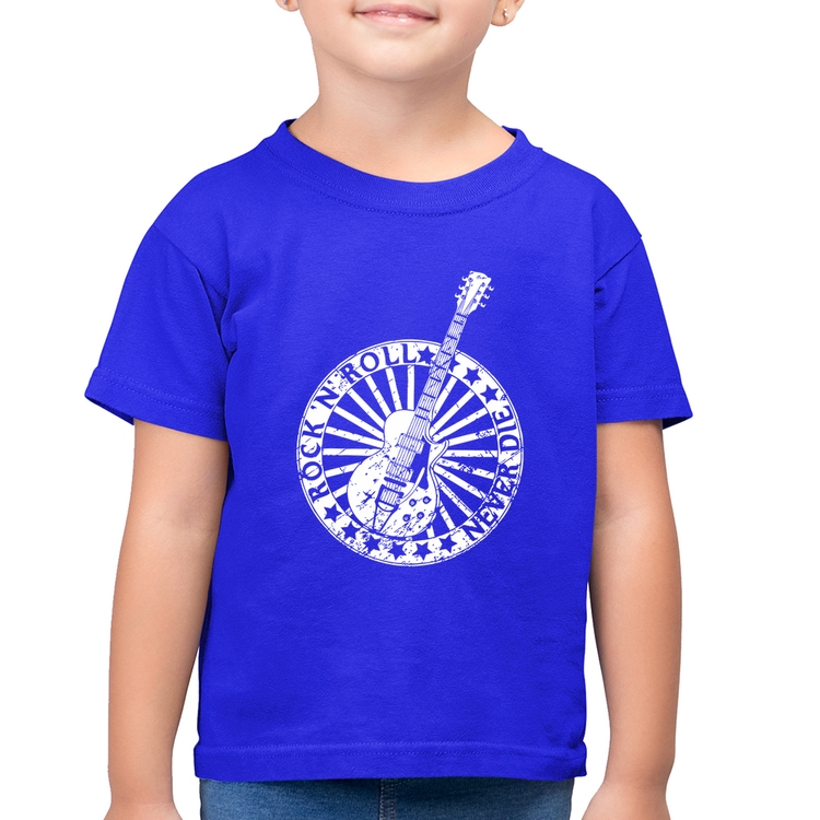 Camiseta Algodão Infantil Rock n Roll Never Die Guitarra - Azul Royal
