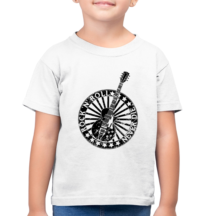 Camiseta Algodão Infantil Rock n Roll Never Die Guitarra - Branca