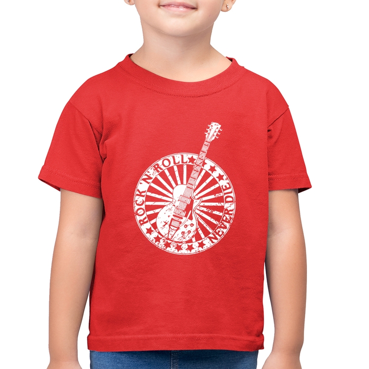 Camiseta Algodão Infantil Rock n Roll Never Die Guitarra - Vermelha