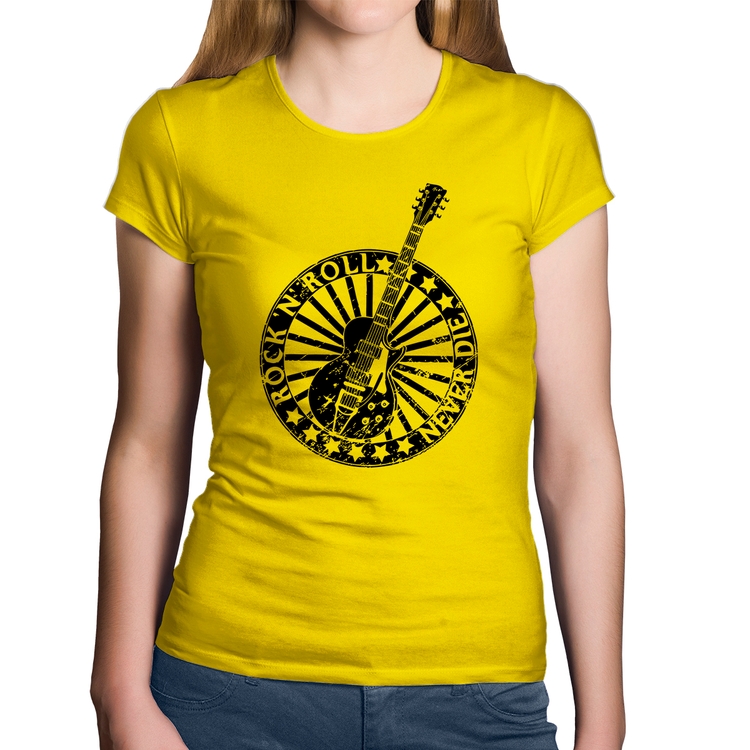 Baby Look Algodão Rock n Roll Never Die Guitarra - Amarela