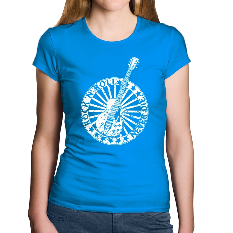 Baby Look Algodão Rock n Roll Never Die Guitarra - Azul