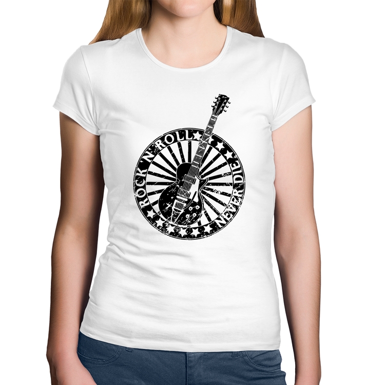 Baby Look Algodão Rock n Roll Never Die Guitarra - Branca