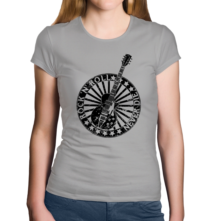 Baby Look Algodão Rock n Roll Never Die Guitarra - Cinza