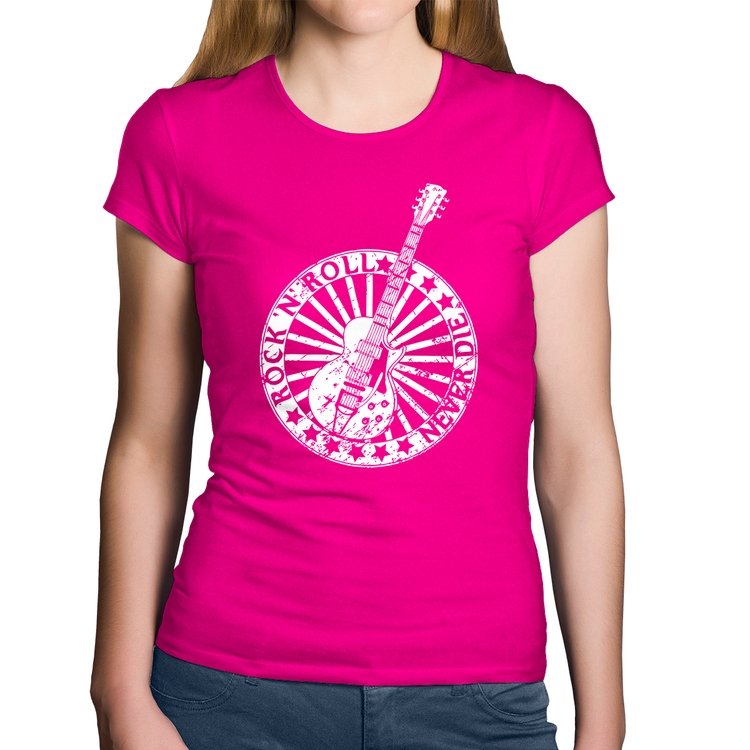 Baby Look Algodão Rock n Roll Never Die Guitarra - Rosa