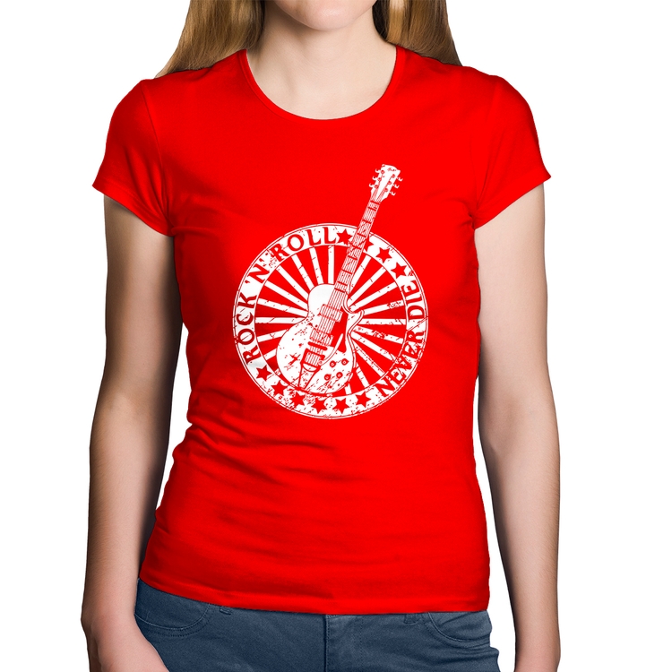 Baby Look Algodão Rock n Roll Never Die Guitarra - Vermelha