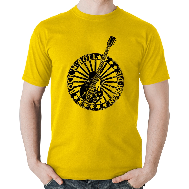Camiseta Algodão Rock n Roll Never Die Guitarra - Amarela