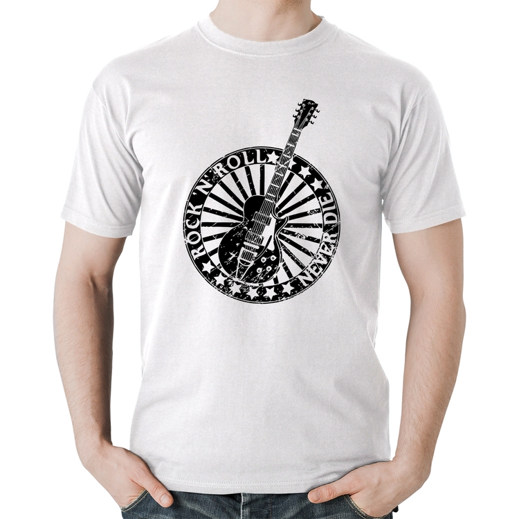 Camiseta Algodão Rock n Roll Never Die Guitarra - Branca