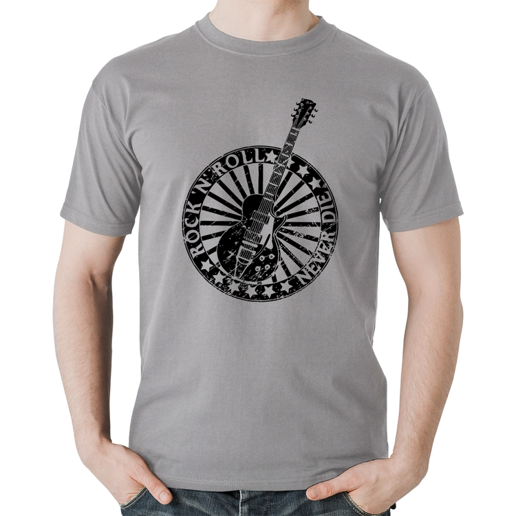 Camiseta Algodão Rock n Roll Never Die Guitarra - Cinza