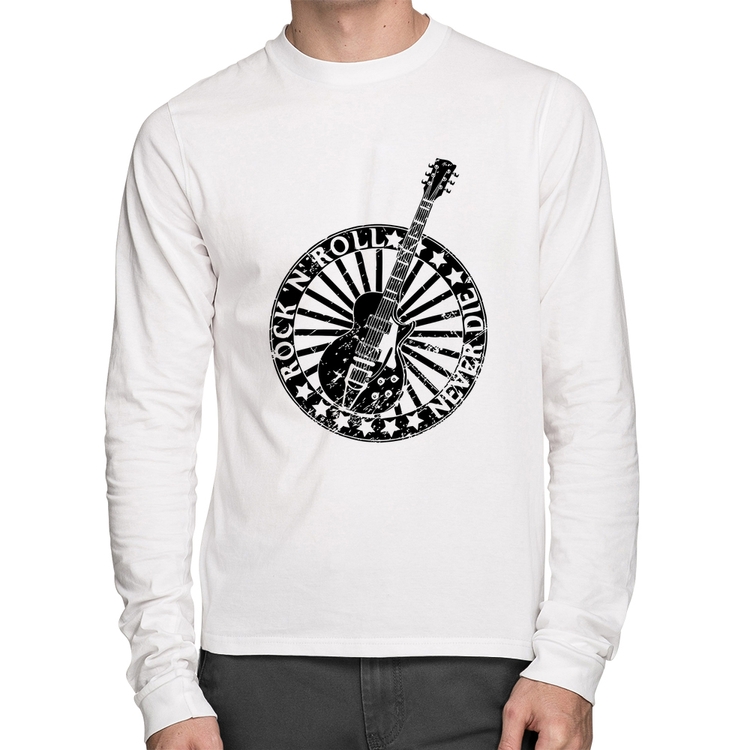 Camiseta Algodão Rock n Roll Never Die Guitarra Manga Longa - Branca