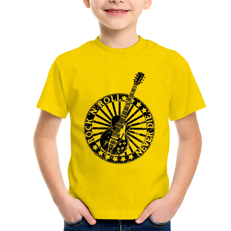 Camiseta Infantil Rock n Roll Never Die Guitarra - Amarela