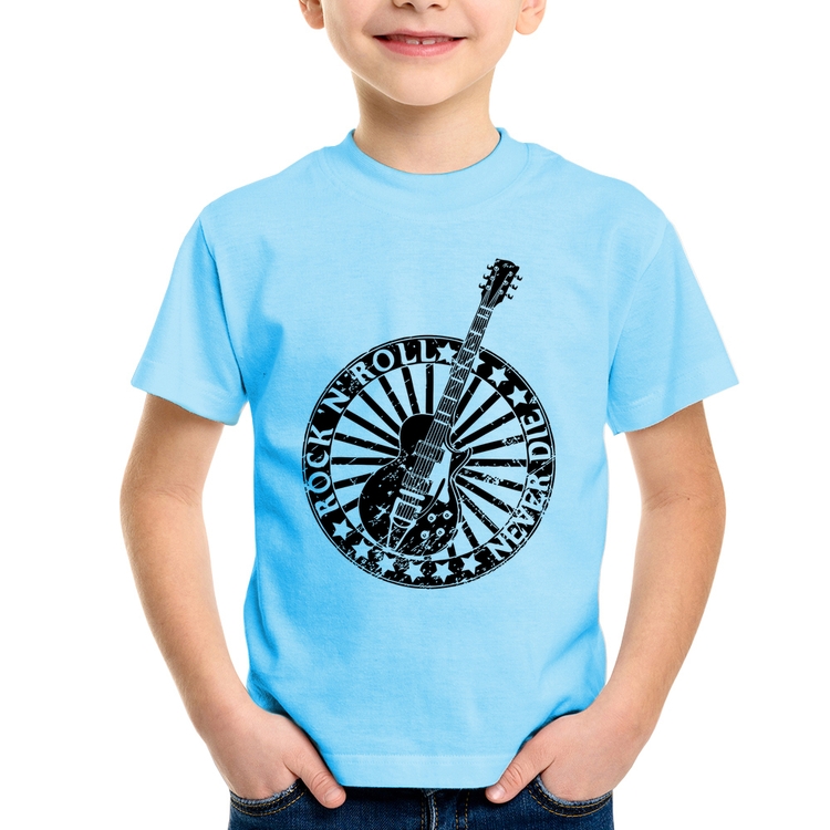 Camiseta Infantil Rock n Roll Never Die Guitarra - Azul Bebê