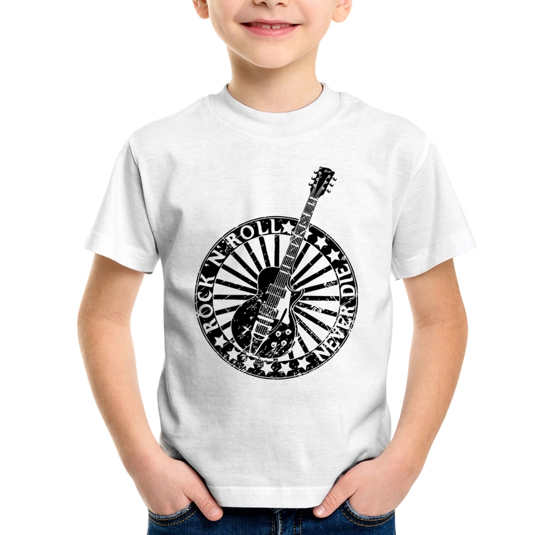Camiseta Infantil Rock n Roll Never Die Guitarra