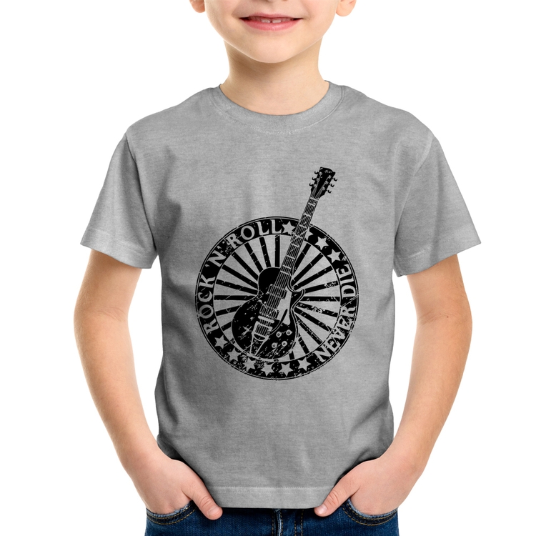 Camiseta Infantil Rock n Roll Never Die Guitarra - Cinza