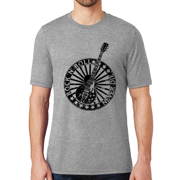 Camiseta Rock n Roll Never Die Guitarra - Cinza