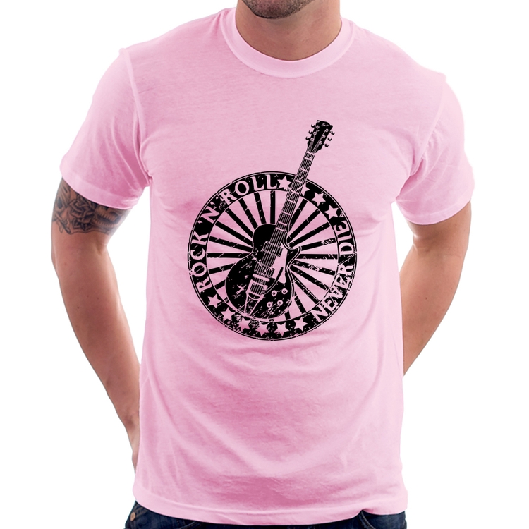 Camiseta Rock n Roll Never Die Guitarra - Rosa Bebê