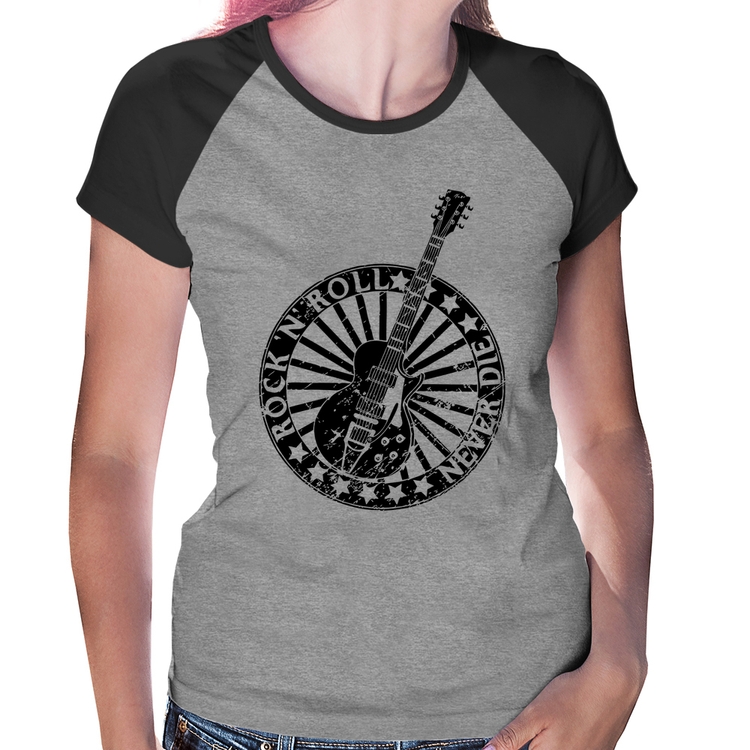 Baby Look Raglan Rock n Roll Never Die Guitarra - Cinza/Preto