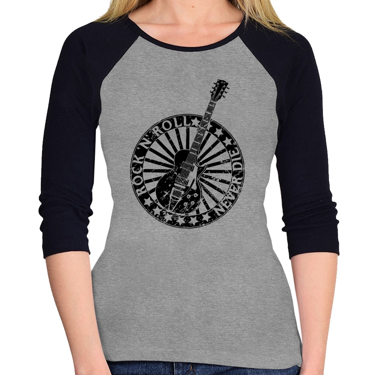 Baby Look Raglan Rock n Roll Never Die Guitarra Manga 3/4 - Cinza/Preto