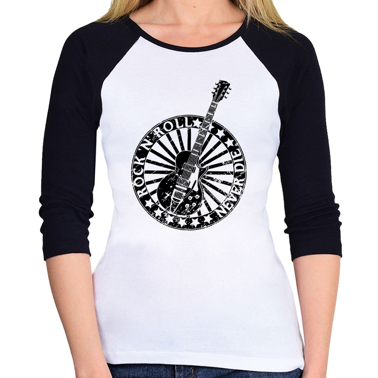 Baby Look Raglan Rock n Roll Never Die Guitarra Manga 3/4