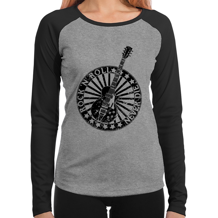 Baby Look Raglan Rock n Roll Never Die Guitarra Manga Longa - Cinza/Preto