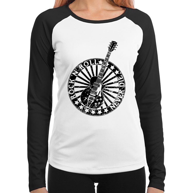Baby Look Raglan Rock n Roll Never Die Guitarra Manga Longa