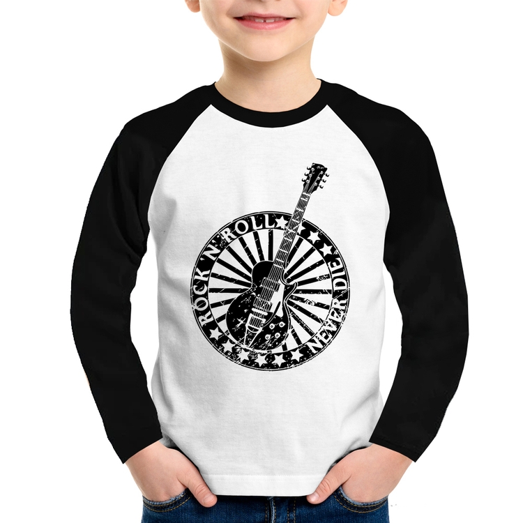 Camiseta Raglan Infantil Rock n Roll Never Die Guitarra Manga Longa
