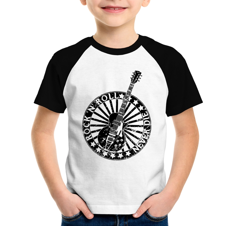Camiseta Raglan Infantil Rock n Roll Never Die Guitarra