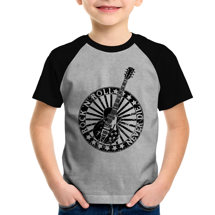 Camiseta Raglan Infantil Rock n Roll Never Die Guitarra - Cinza/Preto