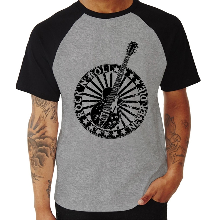 Camiseta Raglan Rock n Roll Never Die Guitarra - Cinza/Preto