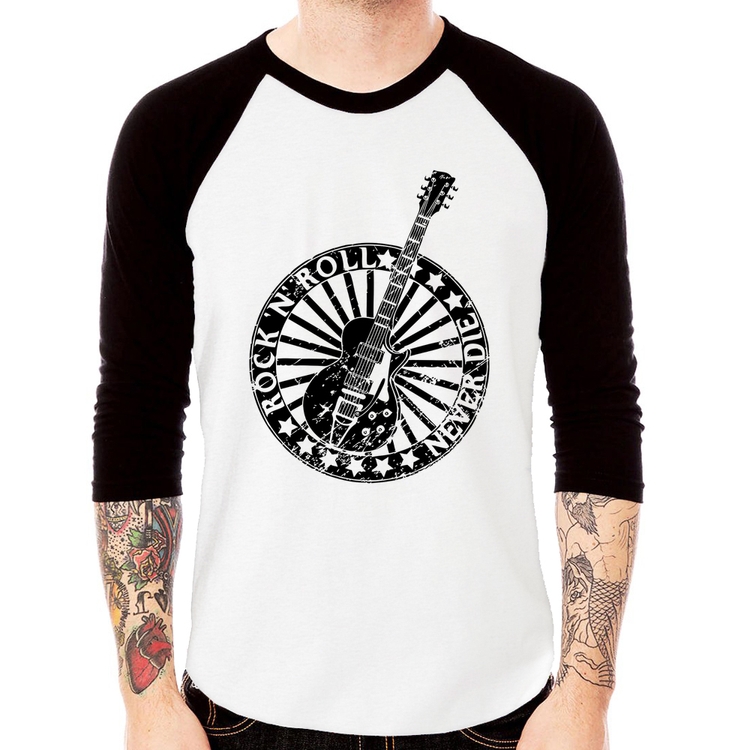 Camiseta Raglan Rock n Roll Never Die Guitarra Manga 3/4