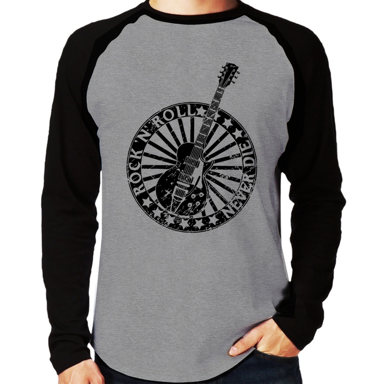 Camiseta Raglan Rock n Roll Never Die Guitarra Manga Longa - Cinza/Preto