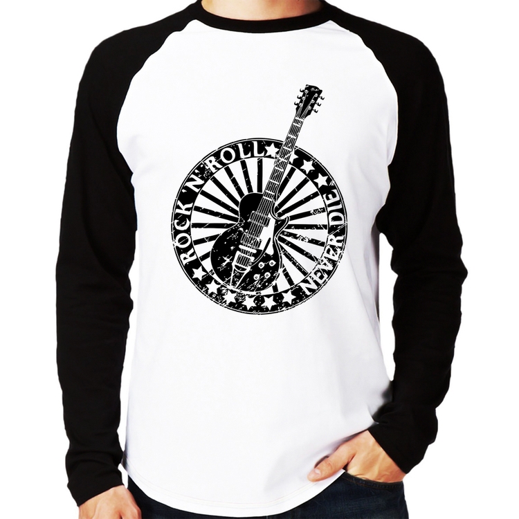 Camiseta Raglan Rock n Roll Never Die Guitarra Manga Longa