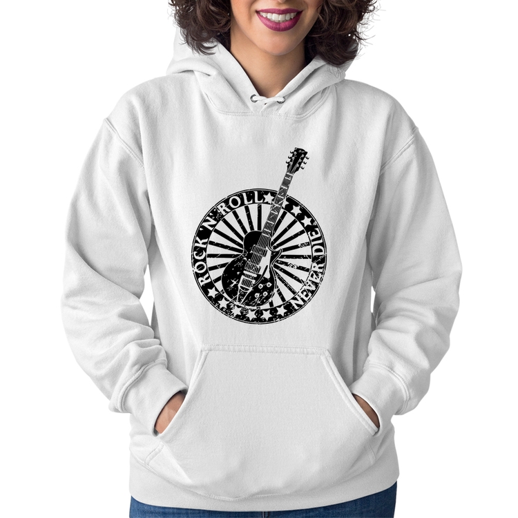 Moletom Feminino Rock n Roll Never Die Guitarra - Branco