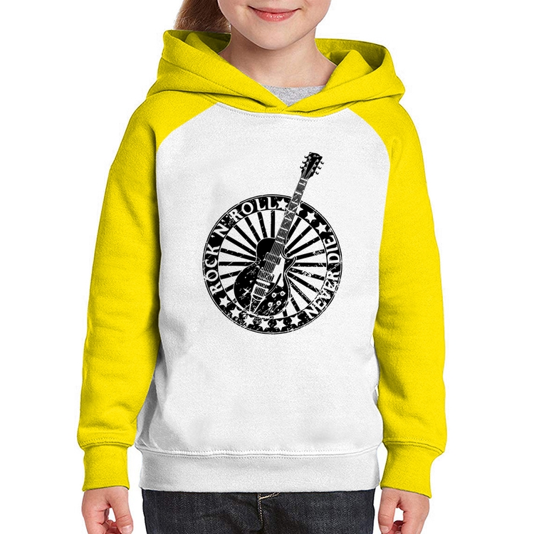 Moletom Infantil Rock n Roll Never Die Guitarra - Branco/Amarelo