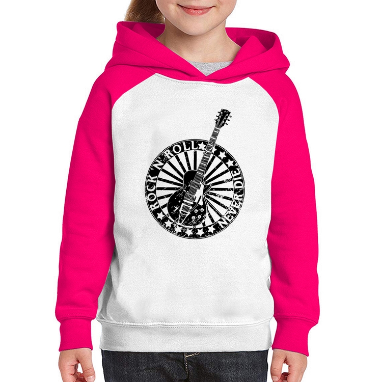 Moletom Infantil Rock n Roll Never Die Guitarra - Branco/Rosa