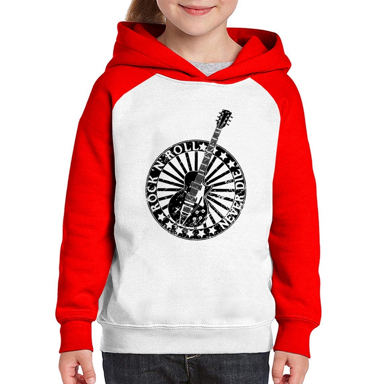 Moletom Infantil Rock n Roll Never Die Guitarra - Branco/Vermelho