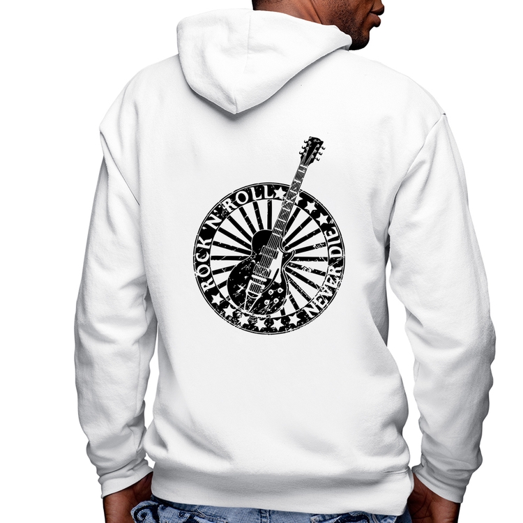 Blusa Moletom Rock n Roll Never Die Guitarra Masculina com Capuz e Zíper - Branca
