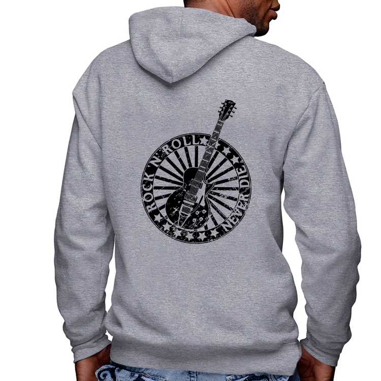 Blusa Moletom Rock n Roll Never Die Guitarra Masculina com Capuz e Zíper - Mescla