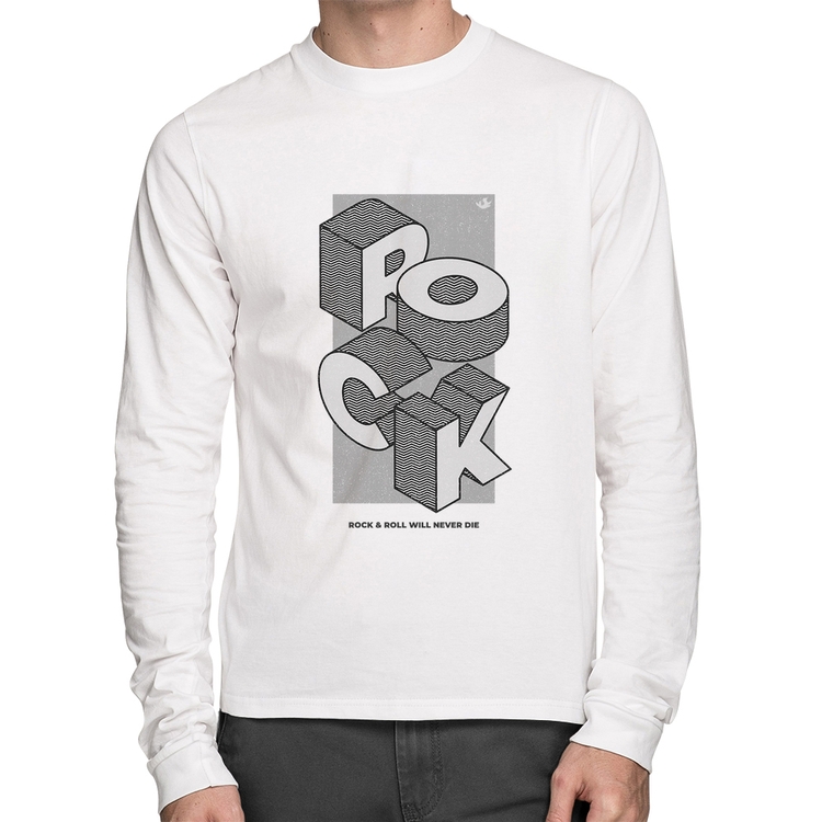 Camiseta Algodão Rock & Roll will never die Manga Longa - Branca