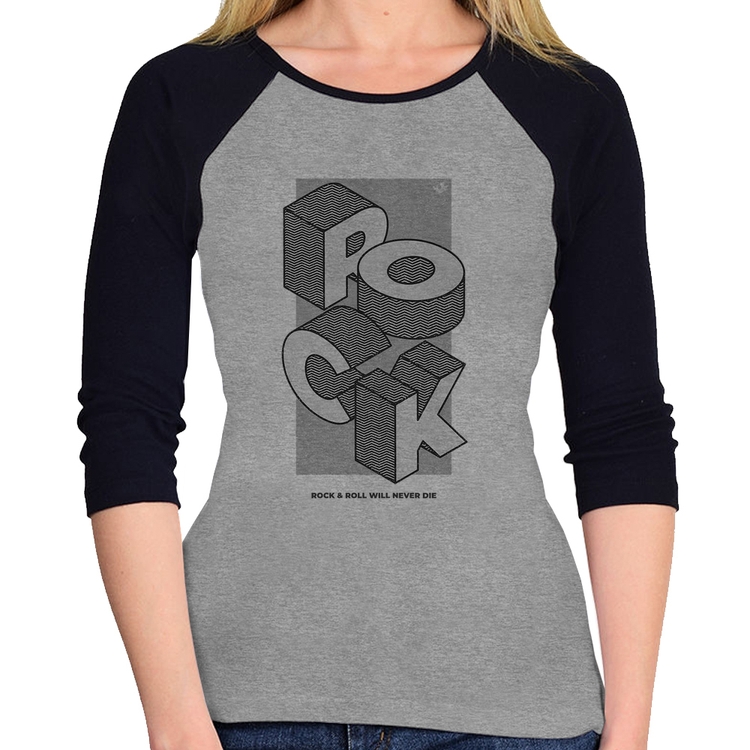 Baby Look Raglan Rock & Roll will never die Manga 3/4 - Cinza/Preto
