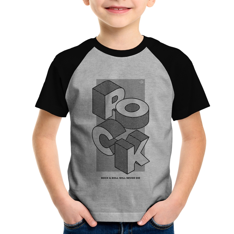 Camiseta Raglan Infantil Rock & Roll will never die - Cinza/Preto