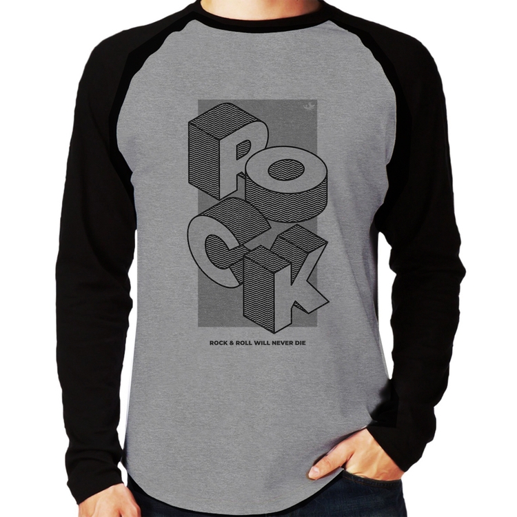 Camiseta Raglan Rock & Roll will never die Manga Longa - Cinza/Preto