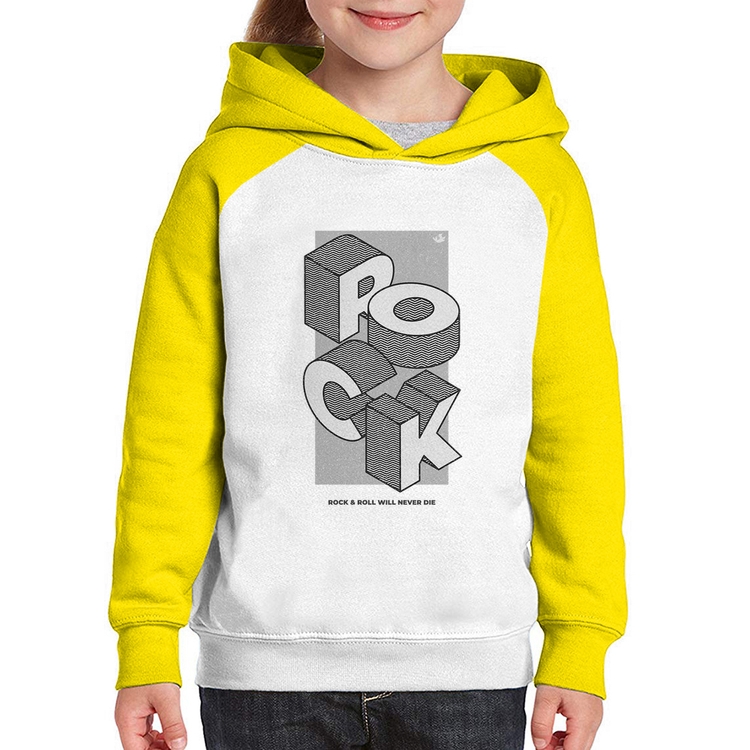 Moletom Infantil Rock & Roll will never die - Branco/Amarelo