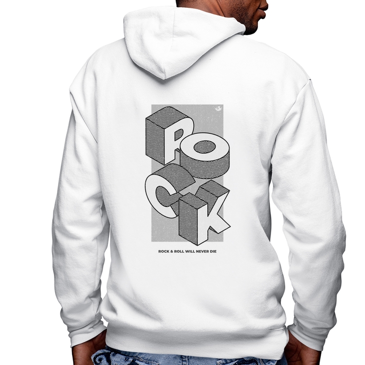 Blusa Moletom Rock & Roll will never die Masculina com Capuz e Zíper - Branca