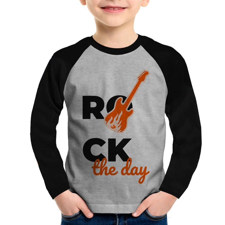 Camiseta Raglan Infantil Rock the day Manga Longa - Cinza/Preto