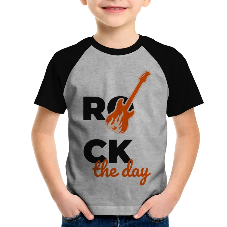 Camiseta Raglan Infantil Rock the day - Cinza/Preto