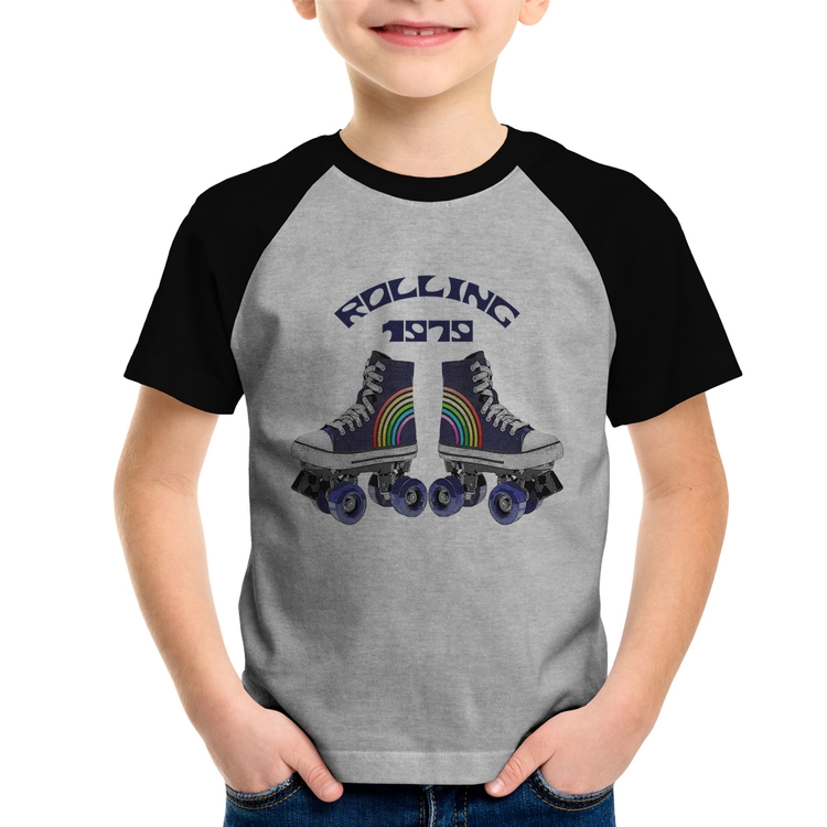 Camiseta Raglan Infantil Rolling 1979 - Cinza/Preto