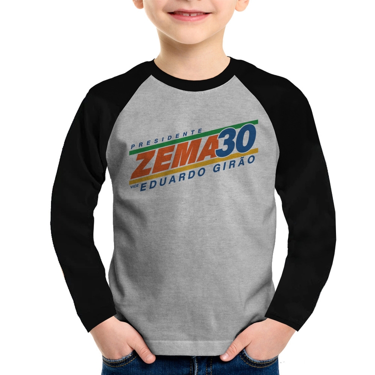 Camiseta Raglan Infantil Romeu Zema Presidente 30 Novo Manga Longa - Cinza/Preto