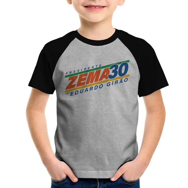 Camiseta Raglan Infantil Romeu Zema Presidente 30 Novo - Cinza/Preto