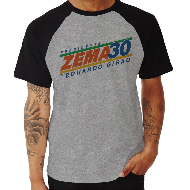 Camiseta Raglan Romeu Zema Presidente 30 Novo - Cinza/Preto